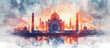 A painting of the Taj Mahal with a sunset in the background