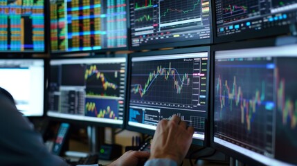 Close-up of a stock broker's hands analyzing charts and data on multiple screens, focus on screens. Business concept for stock market. financial chart graphs concept