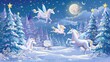 An enchanting background depicting a serene blue sky dotted with soft, fluffy clouds through which a herd of flying horses gracefully glides. 