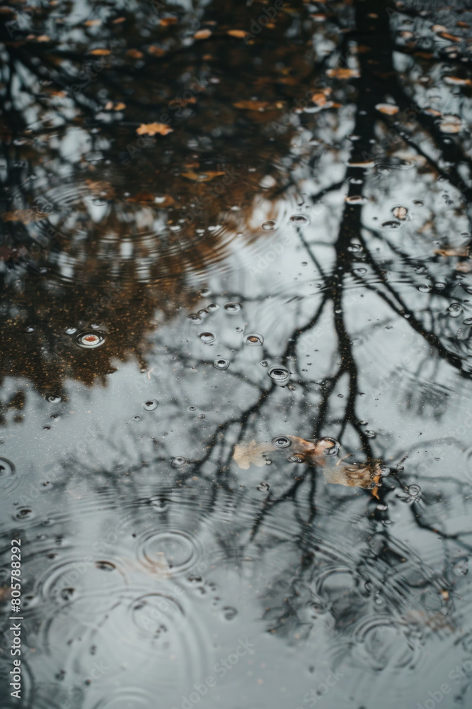 Distorted reflections of trees in a rainwater puddle, with their ...