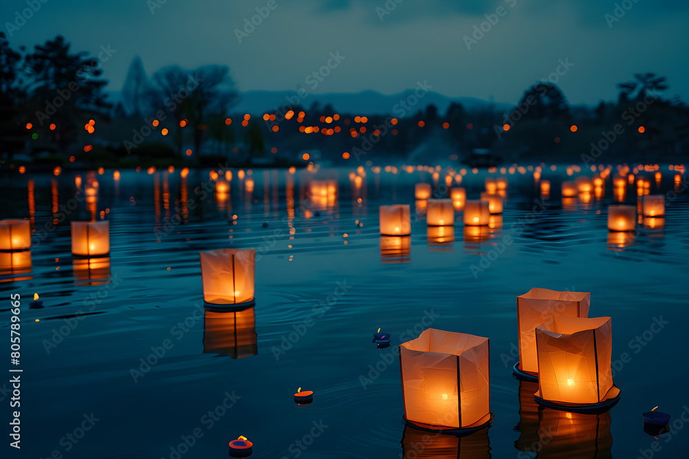 A peaceful scene of paper lanterns floating on an Asian lake at night ...