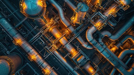 aerial view of pipes at a chemical enterprise plant, conveying the stark reality of air pollution. The industrial landscape serves as a visual reminder of the environmental impact stemming 