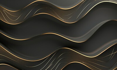 Wall Mural - Luxury background with golden wavy lines and dark brown color, simple shapes, minimalistic, dark grey gradient background