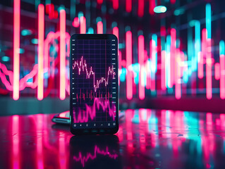 Glowing stock chart with mobile phone on it Technology helps in investin