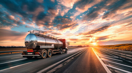 Wall Mural - A tanker truck, laden with petroleum products, glides down a highway at sunset, its metallic body gleaming under the fading light