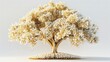 A surreal image of a golden tree with vibrant white flowers blooming from its branches, set against a crisp white background to enhance the visual impact of the gold and white color palette. 
