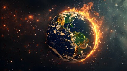 the earth bursts with fire as global warming causes the climate to change, space view of the world b