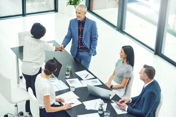 Wall Mural - Business, people and handshake for meeting in office, welcome and greeting with hand gesture. Agreement, deal and employees for b2b contract, boardroom and professional workplace with company staff