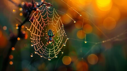   A tight shot of a spider web adorning a tree branch, dotted with dew drops