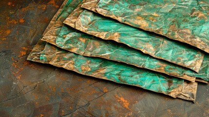 Wall Mural -   A tarped stack of greens atop a paper-covered table, nearby lies a knife