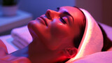 Fototapeta  - A woman reclining in a state of relaxation, her face bathed in the gentle glow of LED lights, conveying the soothing sensation of skin rejuvenation and anti-aging treatment. Ai generated