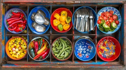 Wall Mural -   A wooden box brimming with various bowls, each holding an assortment of fruits and vegetables