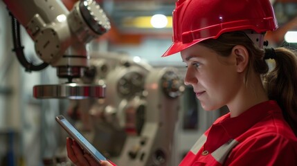 Wall Mural - a female engineer in a red hard hat programming an industrial robot arm via a tablet