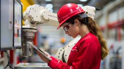Wall Mural - a female engineer in a red hard hat programming an industrial robot arm via a tablet