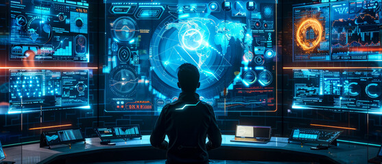 Wall Mural - A man is sitting in front of a computer monitor with a blue globe on it