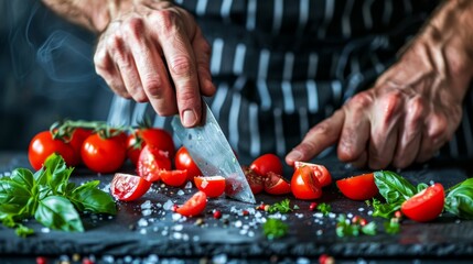 Wall Mural -   A person chops tomatoes with a knife on a cutting board Basil and pepper lie nearby