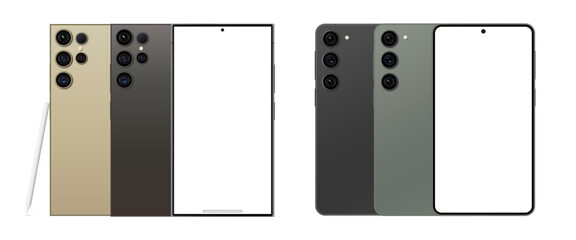 Wall Mural - Samsung Galaxy S23, and S24 Ultra in two luxury colors. Smartphone mock up isolated on transparent background. Realistic mock up.