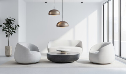 Modern minimalist interior design with white walls and a light grey floor and furniture. There is an elegant round coffee table in the center of the room with two armchairs on each side.