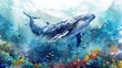 watercolor A beautiful watercolor painting of a blue whale swimming in the ocean. The whale is surrounded by colorful coral reefs and schools of fish.