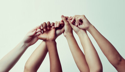 Poster - Hands, support and diversity with unity for teamwork in community for hope with world for trust or solidarity. Racial equality, collaboration and motivation with social justice for cooperation