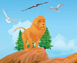 Lion standing proudly on a rock at the top of the mountain. Vector illustration.