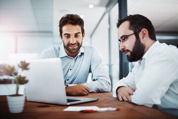 Teamwork, designer or people on laptop for software, research or web design programming. Technology, problem solving or programmers in startup office for meeting, discussion or cybersecurity network