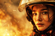 Close-up portrait of a young female firefighter in helmet, her gaze intense and focused against the background of intense fire and sparks. The bravery and resilience of women in emergency services.