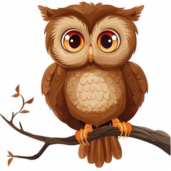 Poster - Cute Cartoon Owl Sitting on a Branch Isolated on White Background