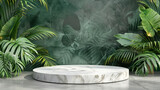 Fototapeta Londyn - Product display podium decorated marble with pearls and leaves on aqua, 3d illustration
