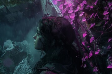 Wall Mural - A woman is standing in front of a wall covered in purple vines