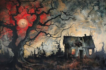 Wall Mural - A painting of a house and a tree with a full moon in the background
