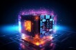 Quantum computer core, glowing qubits, hightechnology, 3D style