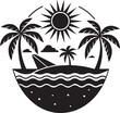 beach with palm trees and sun, black and white vector illustration