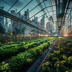 Wall Mural - High Tech Urban Rooftop Greenhouse with Futuristic Cityscape Backdrop