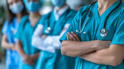 Doctors, surgeons, nurses, and hospital workers stand with arms crossed and smiles in a diverse team portrait, showcasing pride in healthcare services at the hospital.