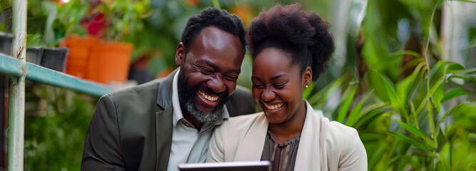 Wall Mural - A man and woman are laughing while looking at a tablet