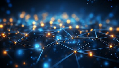 Abstract blue background, digital grid, connecting particles, technology theme
