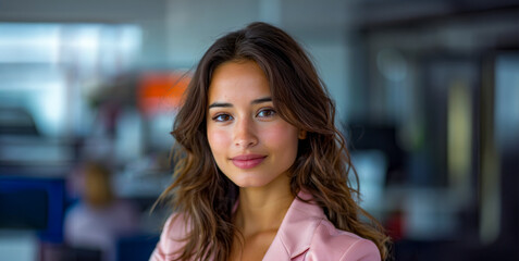 Wall Mural - A woman with long brown hair and a pink jacket is smiling for the camera