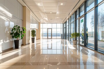 Wall Mural - Modern spacious office hall with panoramic windows in natural beige and brown tones