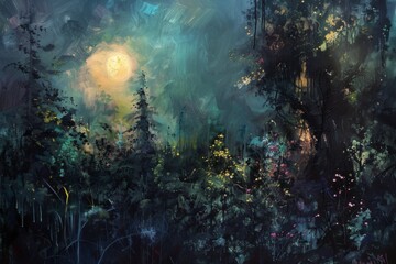 Wall Mural - A painting of a forest with a full moon in the sky