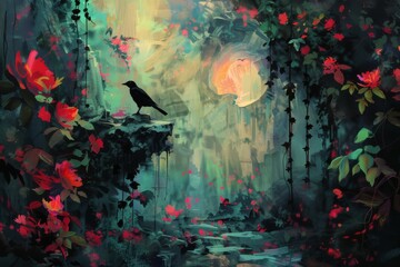 Wall Mural - A painting of a forest with a bird perched on a rock