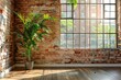 © Daria - Modern loft style room with brick wall, big window, and plants in a contemporary interior design