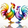 A stunning blown glass sculpture of a playful, a pair of rooster with seamlessly blended rainbow colors, white background
