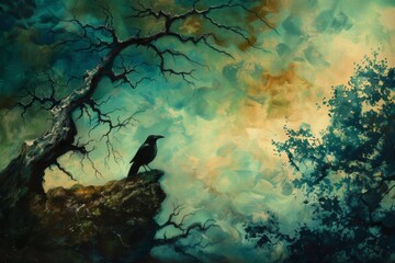 Wall Mural - A painting of a crow perched on a rock in a forest