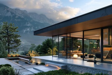 Wall Mural - Modern glass villa in minimalist style with magnificent mountain views from veranda