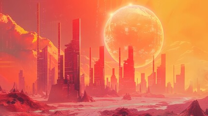 Wall Mural - The eerie yet inviting architecture of a scifi desert planet emerges under a tangerine sky