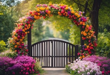 Canvas Print - AI generated illustration of an iron gate in front of flower-covered archway with a floral backdrop