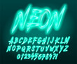 Neon alphabet font. Glowing neon brush stroke letters and numbers. Stock vector typescript for your design.