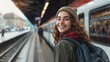 © pprothien - A happy young woman in winter attire standing on a train platform. Travel and tourism concept.