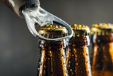 Fototapeta Uliczki - Brown ice cold beer bottles with water drops and old opener